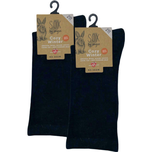 Angora Wool Blend Cushion Sole Loose Top Socks - NO SEAM - Black