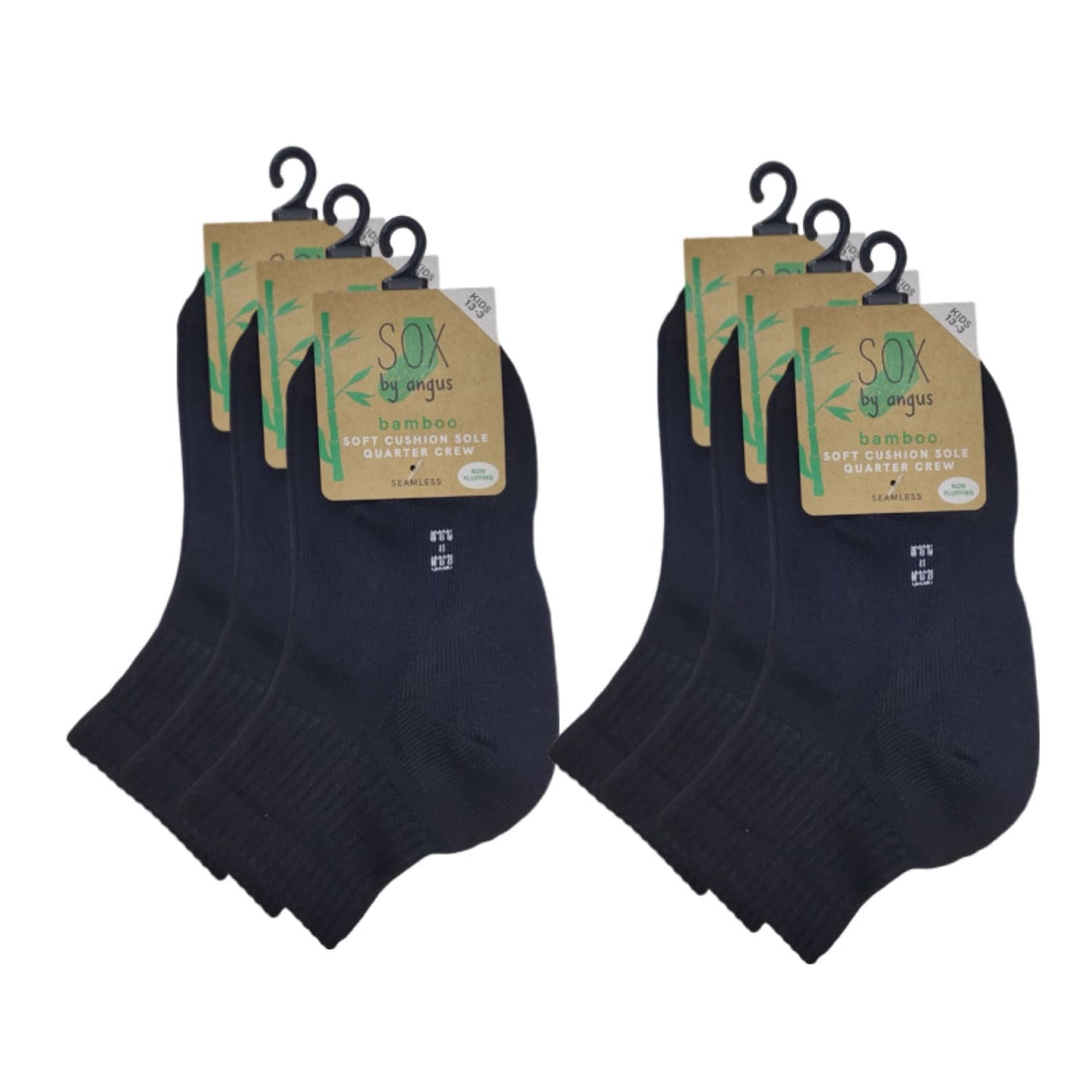 Non-fluffing Bamboo Cushion Foot 1/4 Crew Sport Socks -Seamless - Black