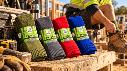 B216 Bamboo Heavy Duty Work Socks in four colours at a worksite