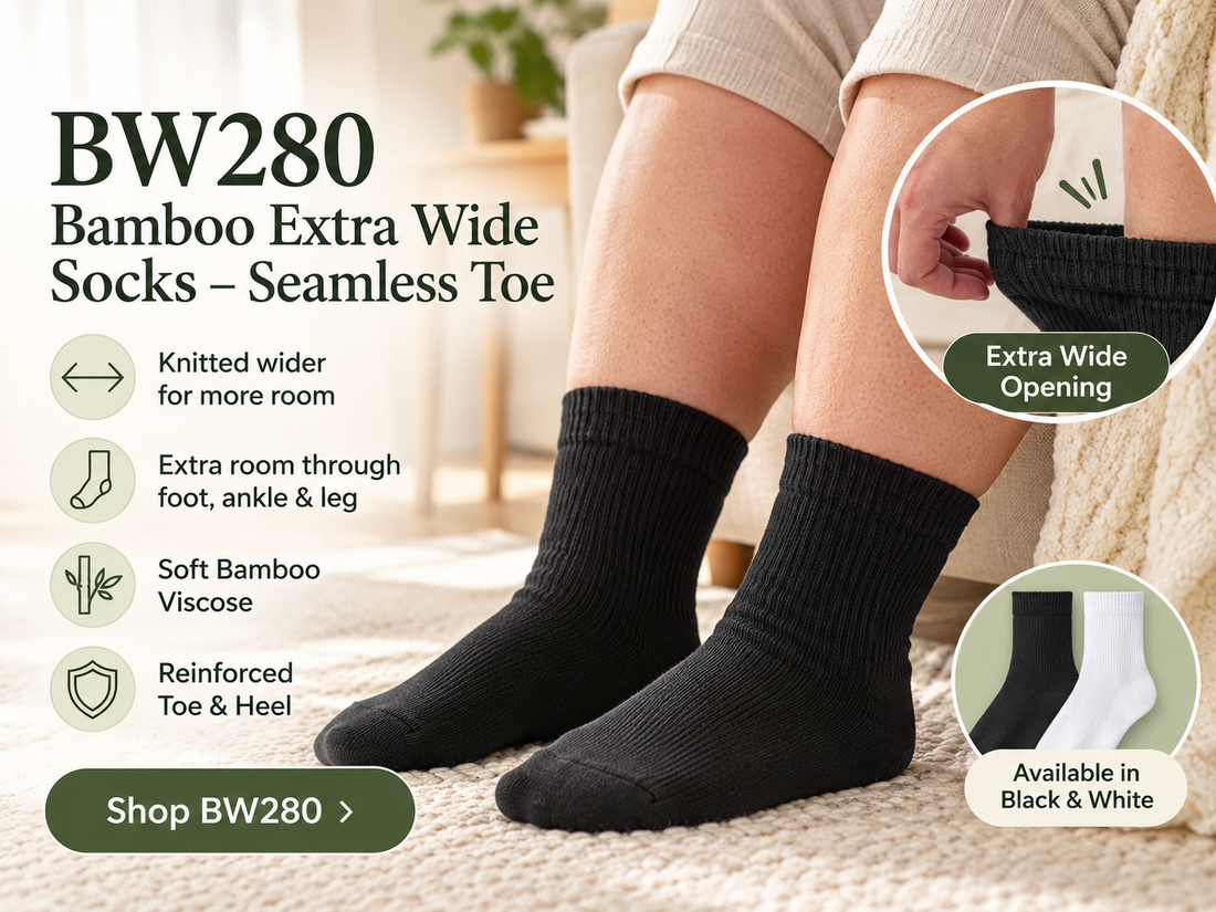 BW280 Black Bamboo Extra Wide Socks with wide cuff, Seamless Toe and reinforced heel