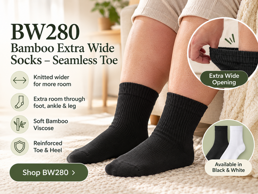 BW280 Black Bamboo Extra Wide Socks with wide cuff, Seamless Toe and reinforced heel
