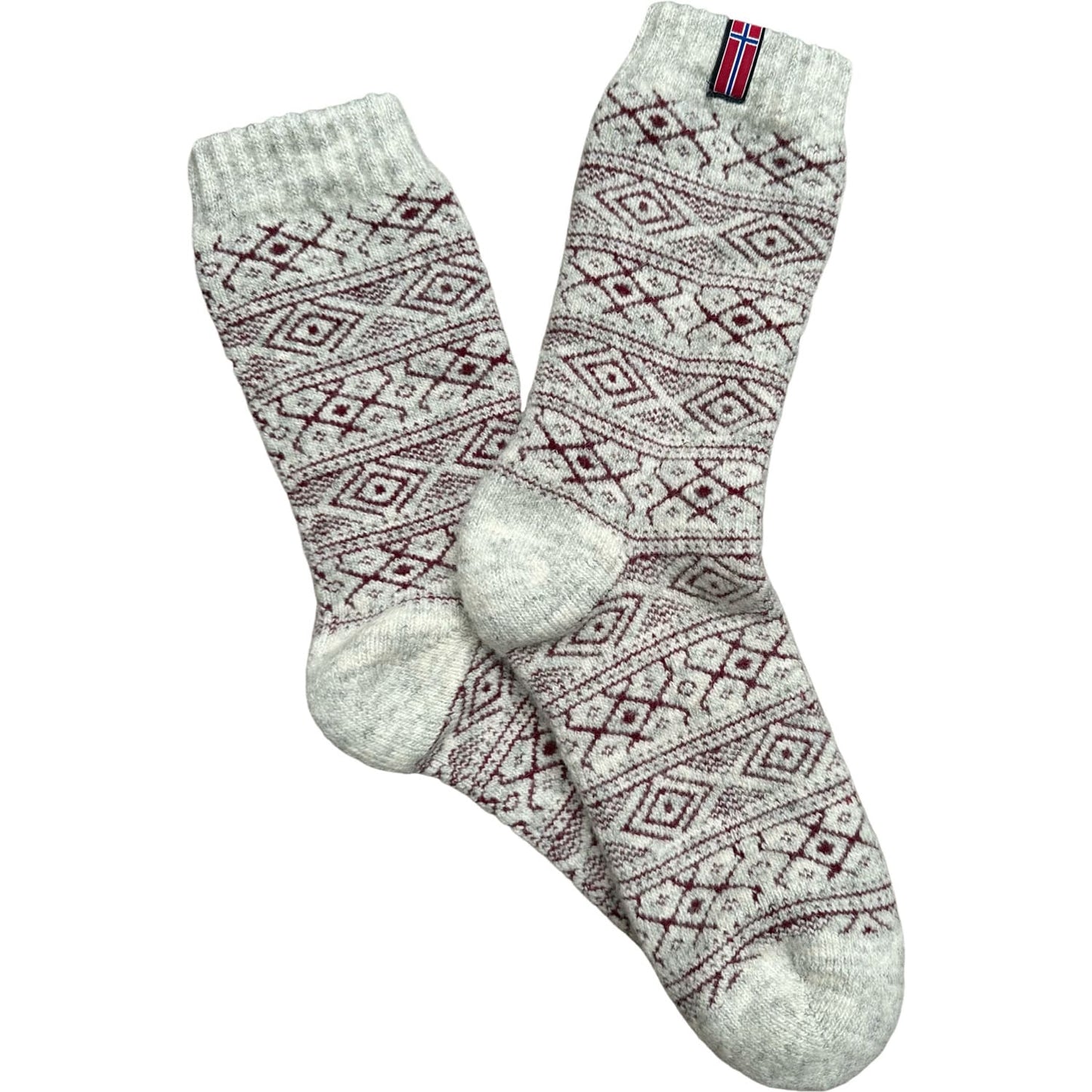 Rag wool socks with Norwegin flag Grey:burgundy