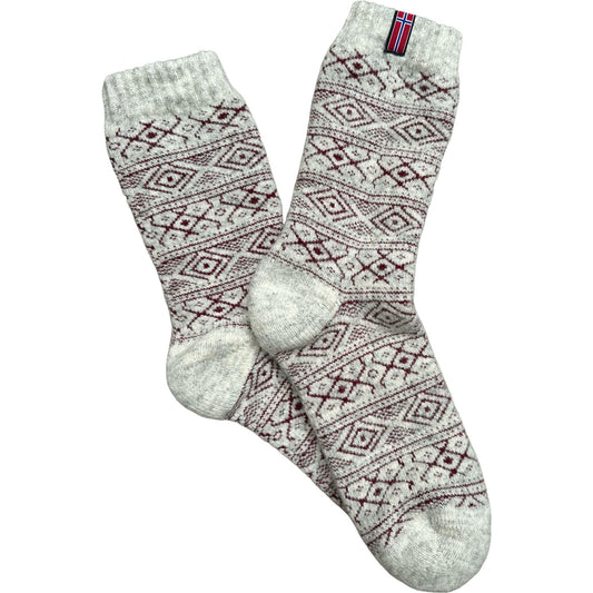 Rag wool socks with Norwegin flag Grey:burgundy