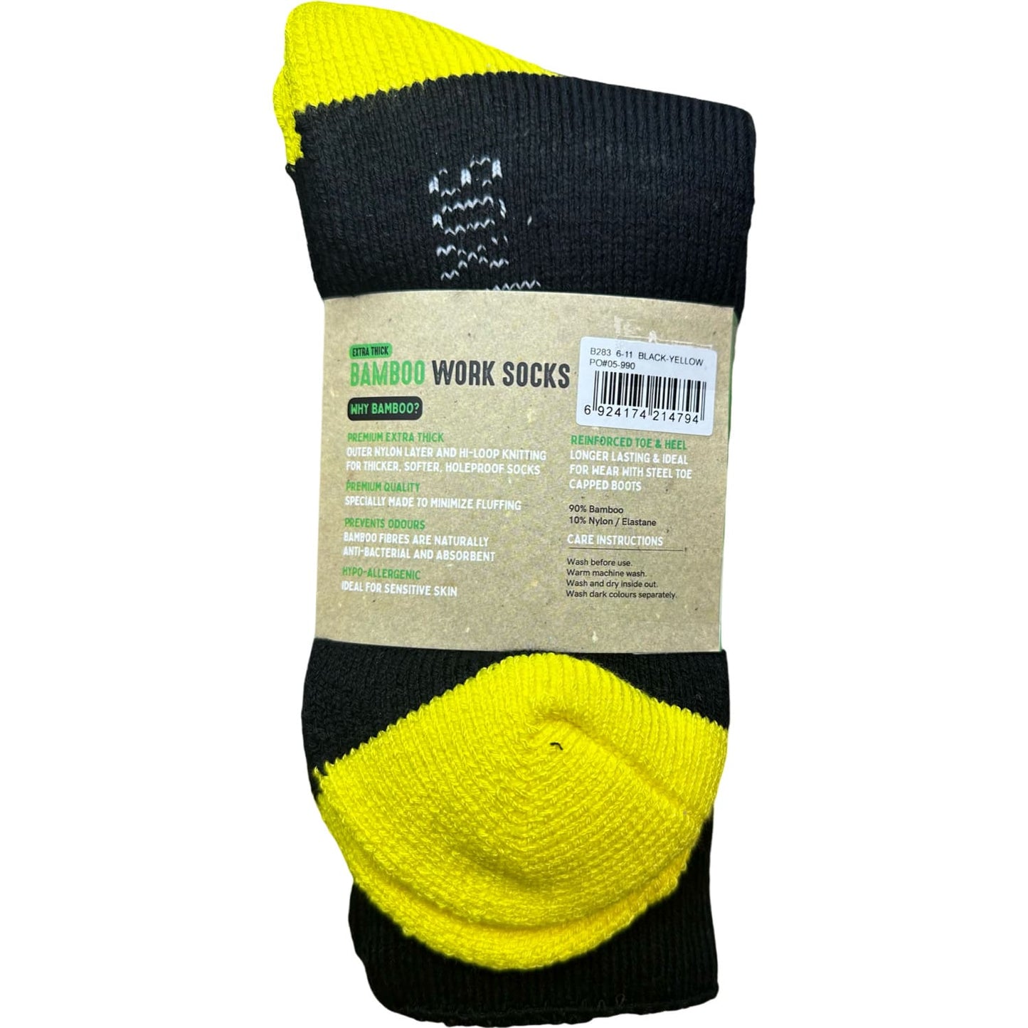 Bamboo Heavy Duty Socks - 2 pack - Black-Yellow