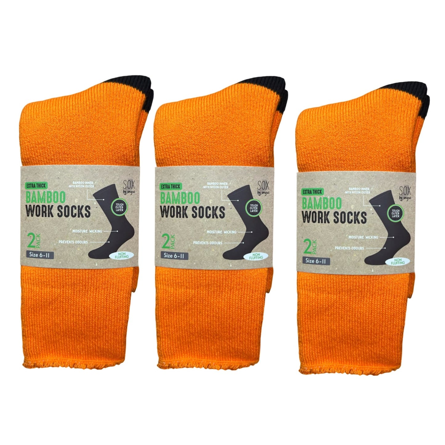 Bamboo Heavy Duty Socks - 2 pack - Fluoro-Orange-Black