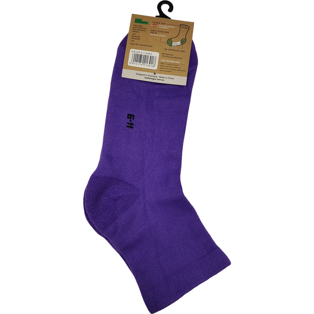 Bamboo a Quarter Crew Cushion Foot Loose Top socks - NO SEAM - Purple