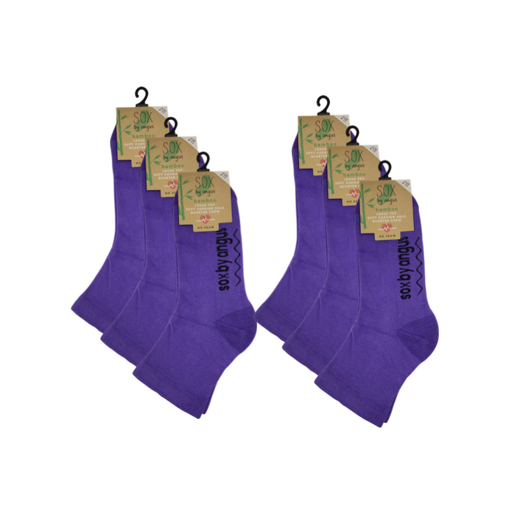 Bamboo a Quarter Crew Cushion Foot Loose Top socks - NO SEAM - Purple