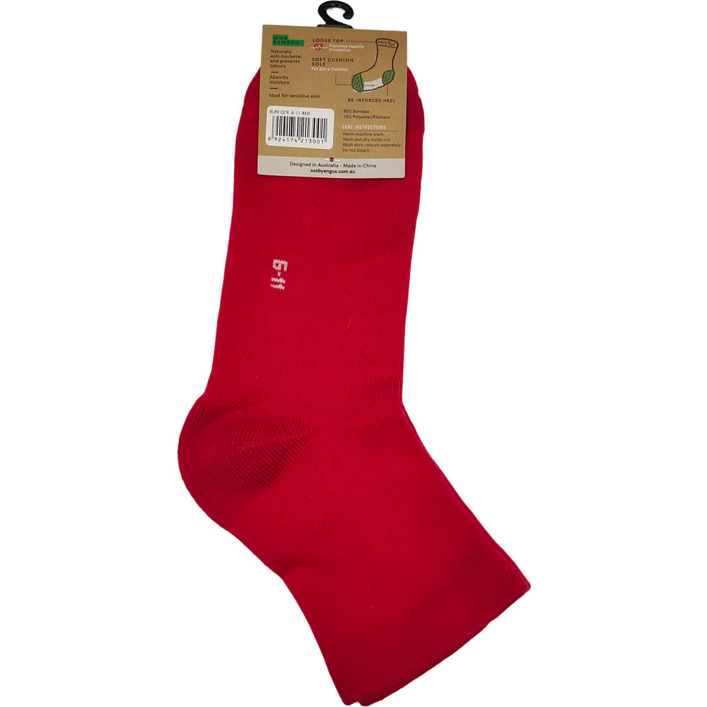 Bamboo a Quarter Crew Cushion Foot Loose Top socks - NO SEAM - Red