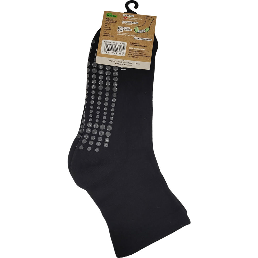 Bamboo a Quarter Crew Cushion Foot Loose Top socks - GRIP - NO SEAM - Black