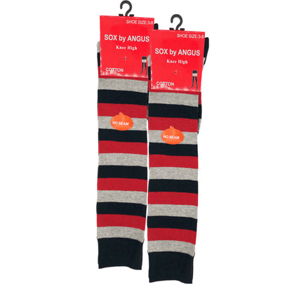 NO SEAM - Knee High Cotton Socks - Wide Stripes in Black/Red