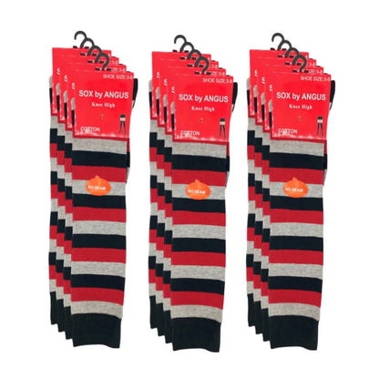 NO SEAM - Knee High Cotton Socks - Wide Stripes in Black/Red