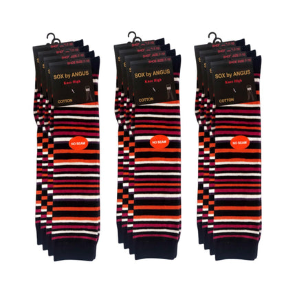 NO SEAM - Knee High Cotton Socks - Thin Stripes in Black/Red/White