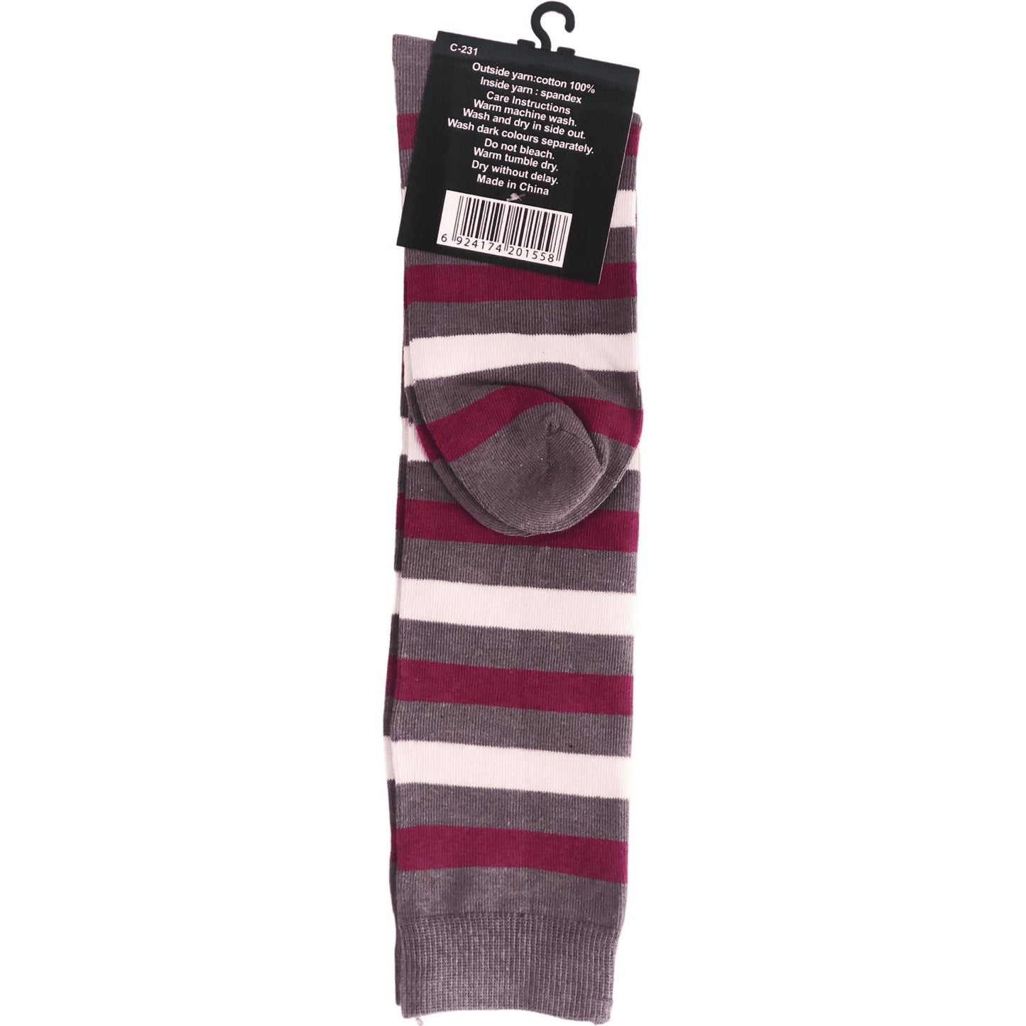 NO SEAM - Knee High Cotton Socks - Wide Stripes in Grey/Maroon/Pink