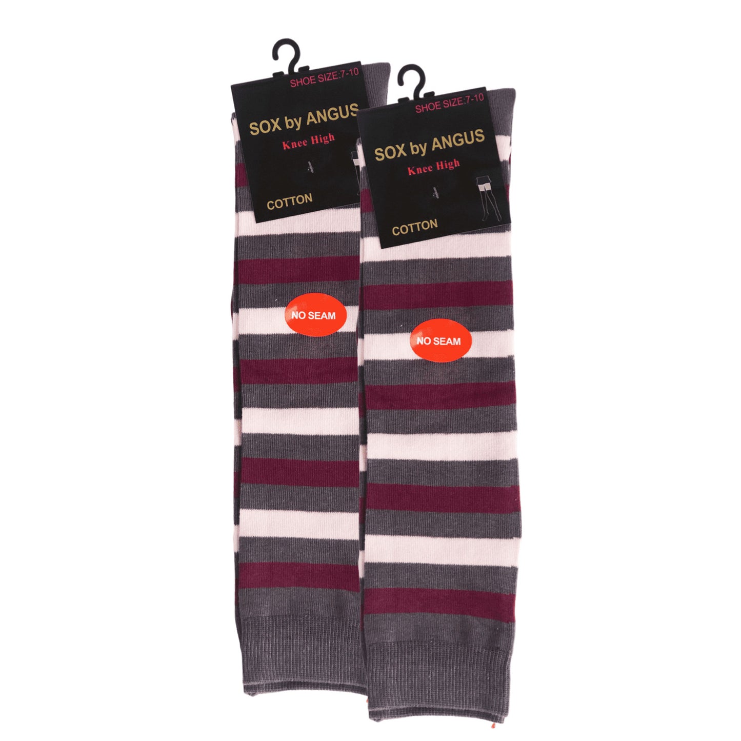 NO SEAM - Knee High Cotton Socks - Wide Stripes in Grey/Maroon/Pink