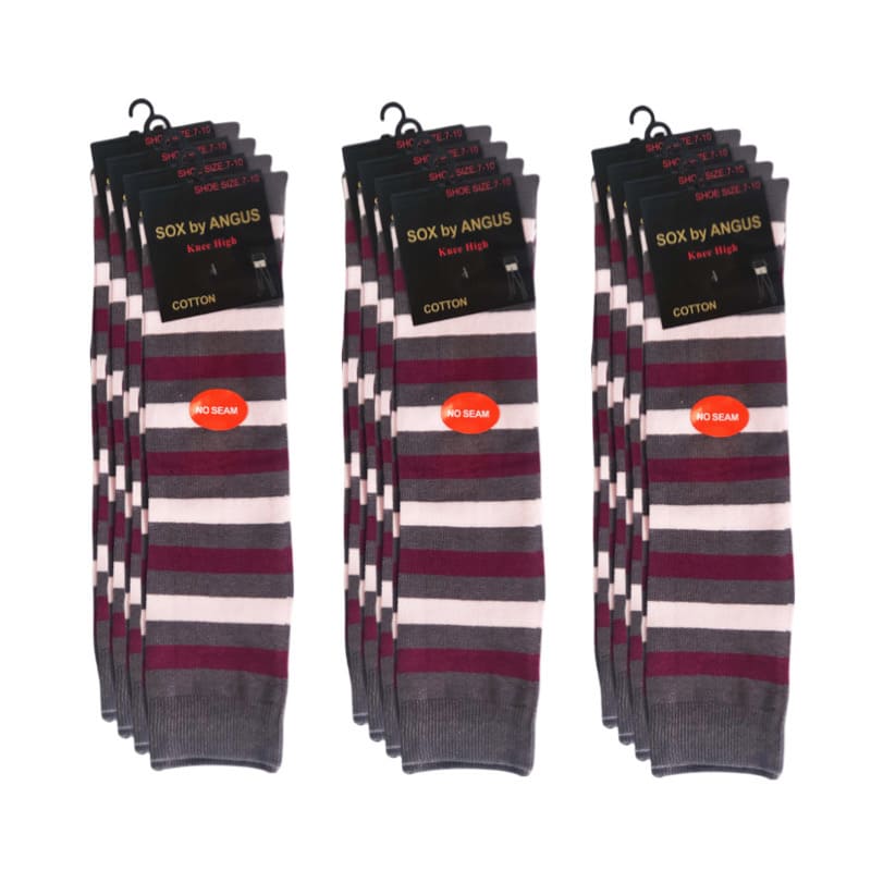 NO SEAM - Knee High Cotton Socks - Wide Stripes in Grey/Maroon/Pink