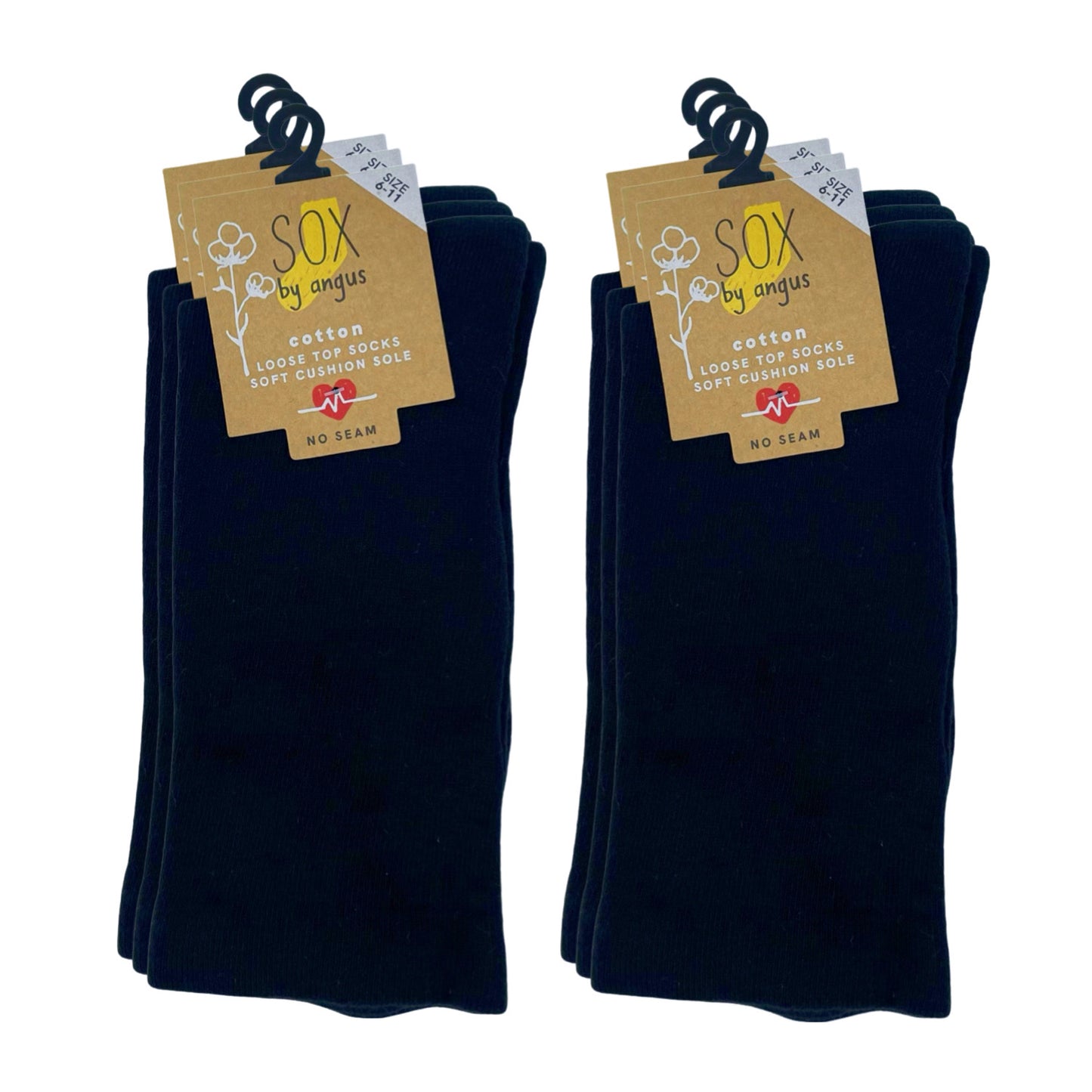 Cotton Plain Cushion Foot Loose Top Socks - Black - NO SEAM