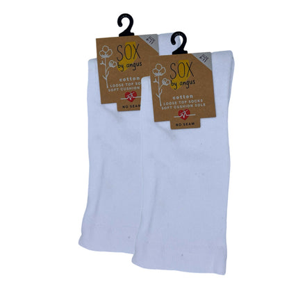 Cotton Plain Cushion Foot Loose Top Socks - White - NO SEAM