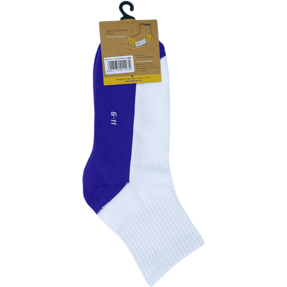Cotton Quarter Crew Cushion Socks - White/Purple