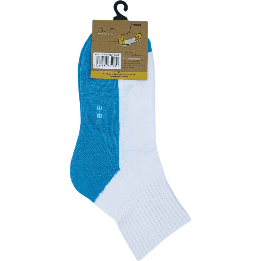 Cotton Quarter Crew Cushion Socks - White/Aqua