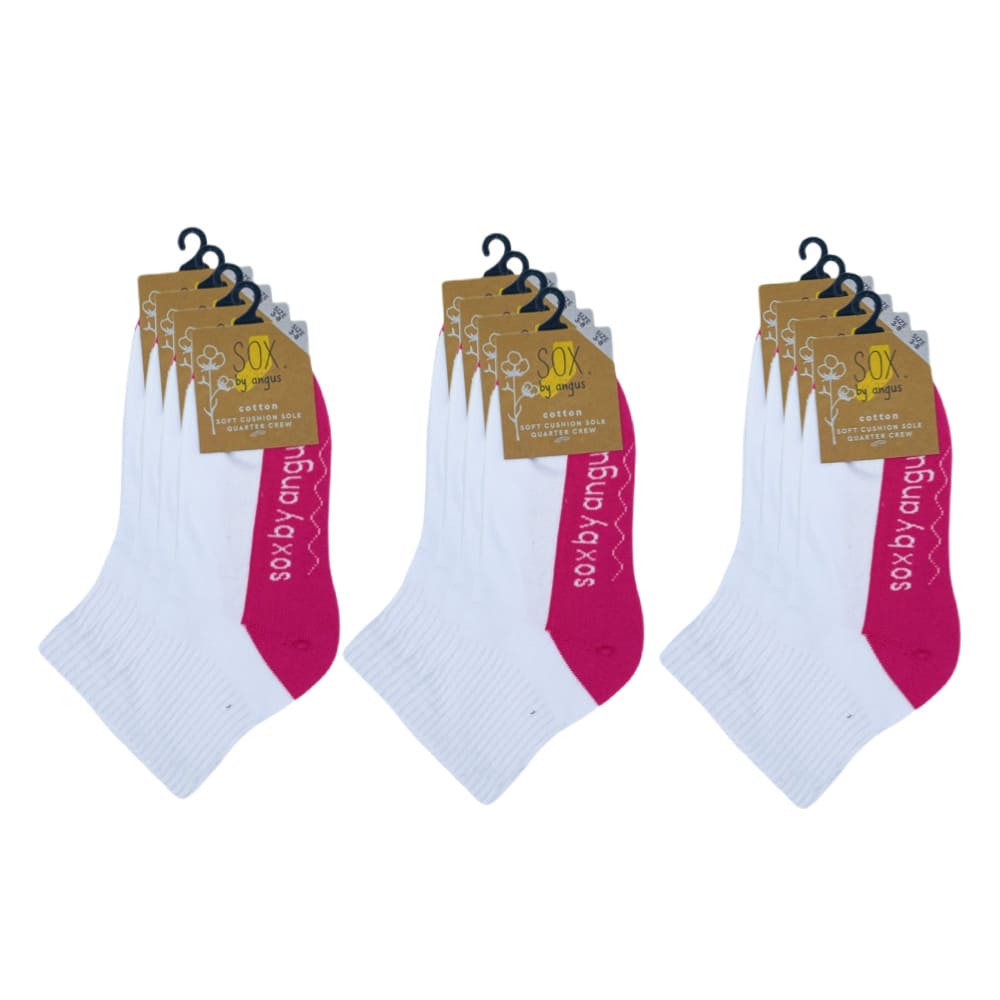 Cotton Quarter Crew Cushion Socks - White/Hot Pink