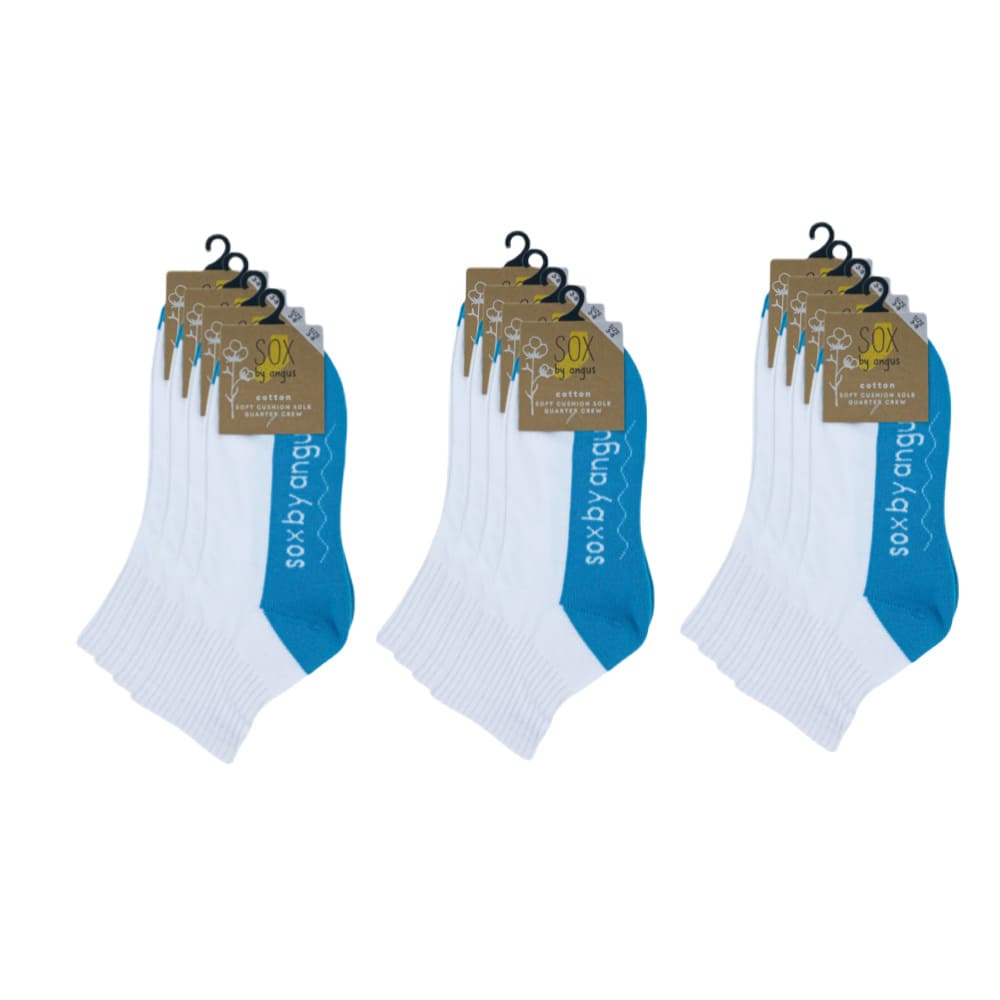 Cotton Quarter Crew Cushion Socks - White/Aqua