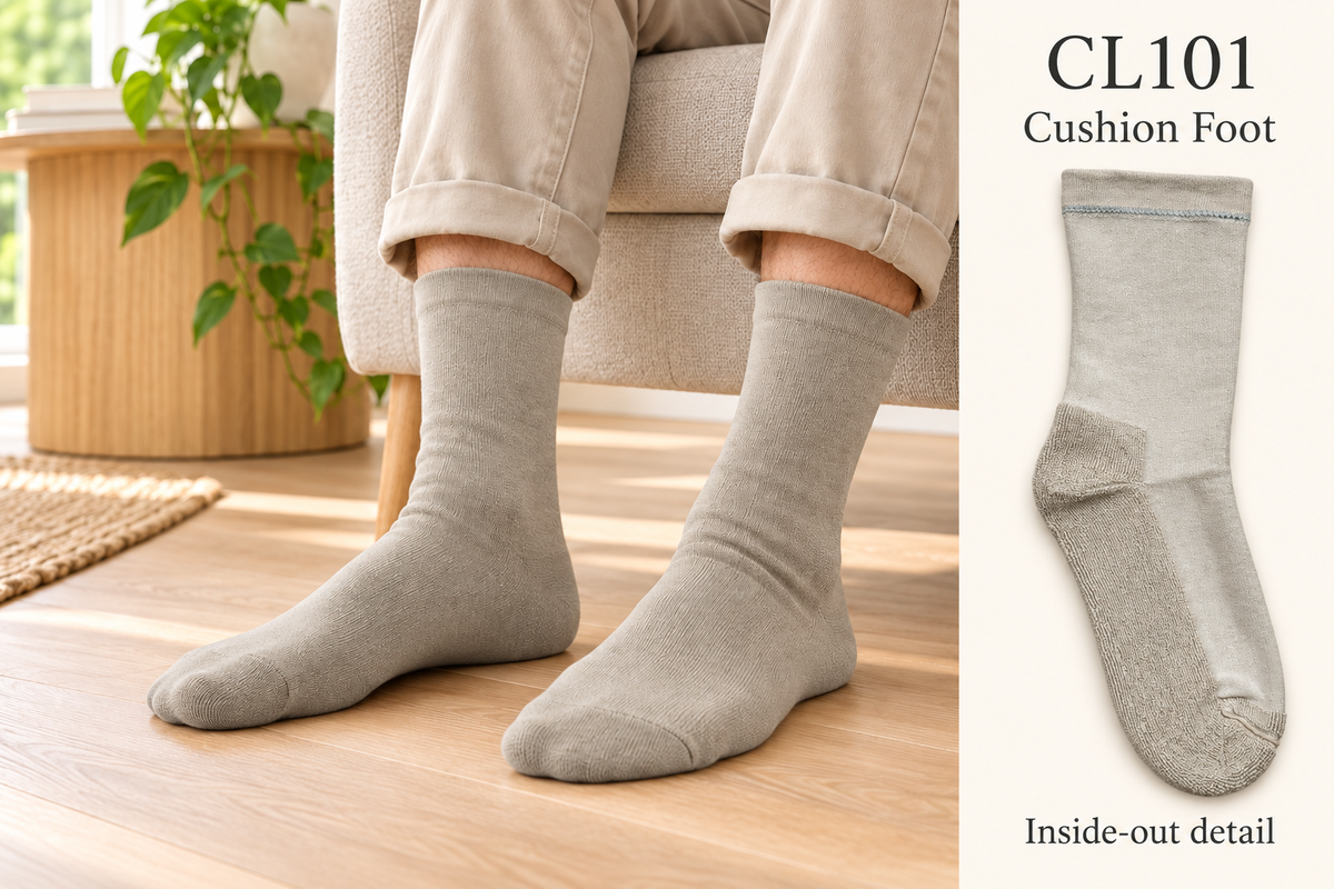 CL101 Sand Beige cotton loose top socks worn with beige trousers, with inside-out cushion foot detail