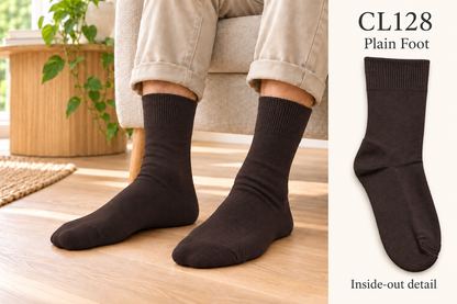 CL128 Brown cotton loose top socks worn with beige trousers, with ribbed cuff and inside-out plain foot detail