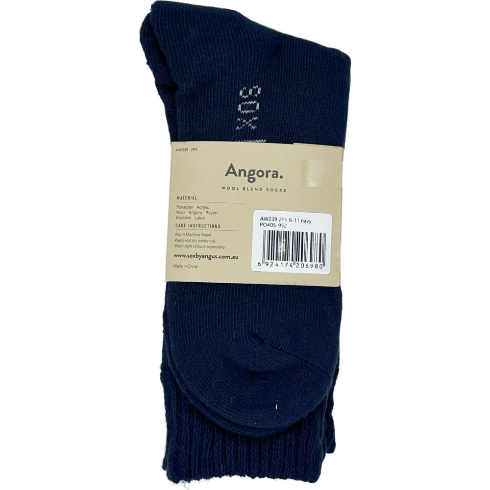angora wool blend cushion crew socks | seamless | navy