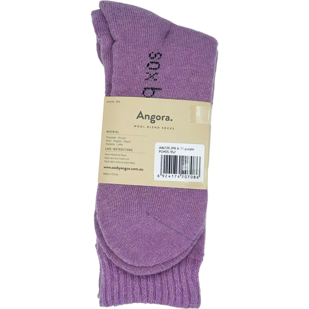 angora wool blend cushion crew socks | seamless | purple