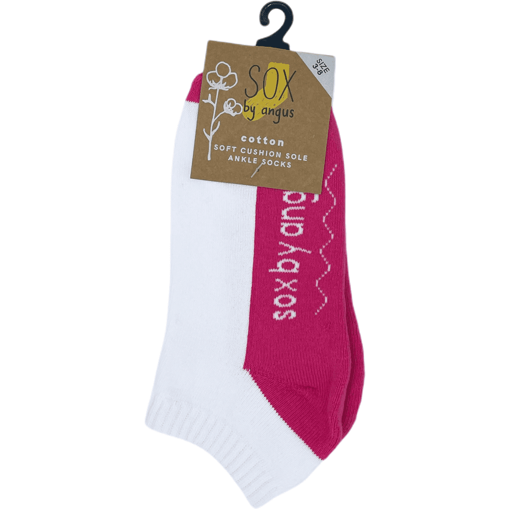Cotton Cushion Anklet Socks - White/Hot Pink - 3 - 8, Single Buy $7/pair